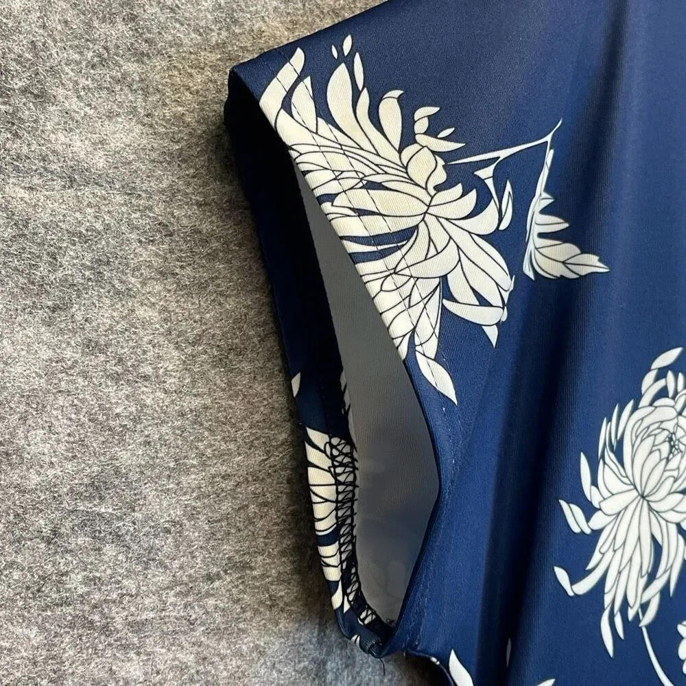 HOMEYEE Dress Size 2XL Blue White Floral Round Neck Midi A-Line Pleated Swing - Picture 14 of 16